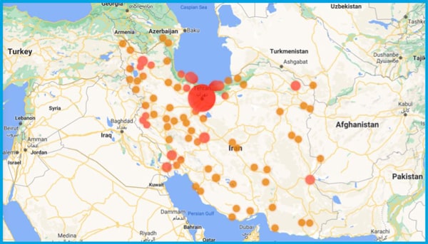 موقعیتهای مکانی حاصل از درخواستهای IP ایرانی در بلاک چین. بیشتر مراکز در اطراف تهران فعالیت دارند.